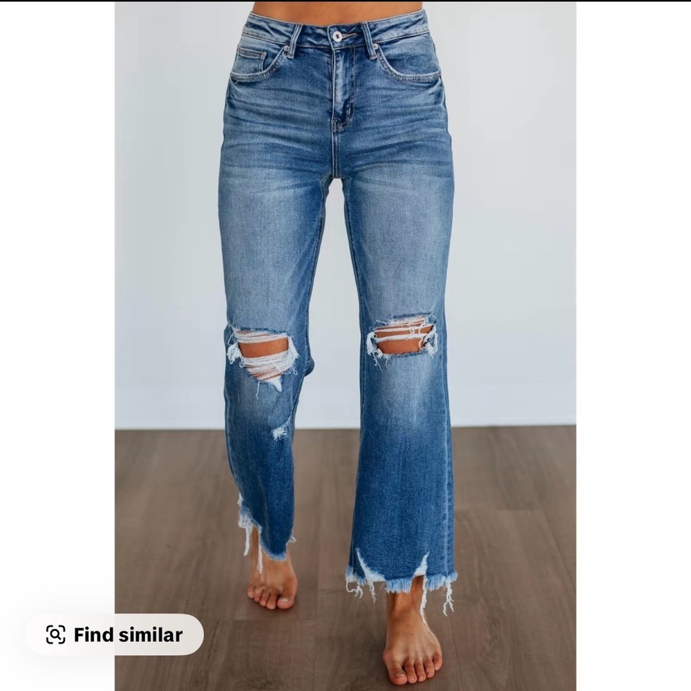 MICA Colton Distressed Dark Wash Frayed Hem Kick Flare Jeans *SIZE DOWN!* 29/27”